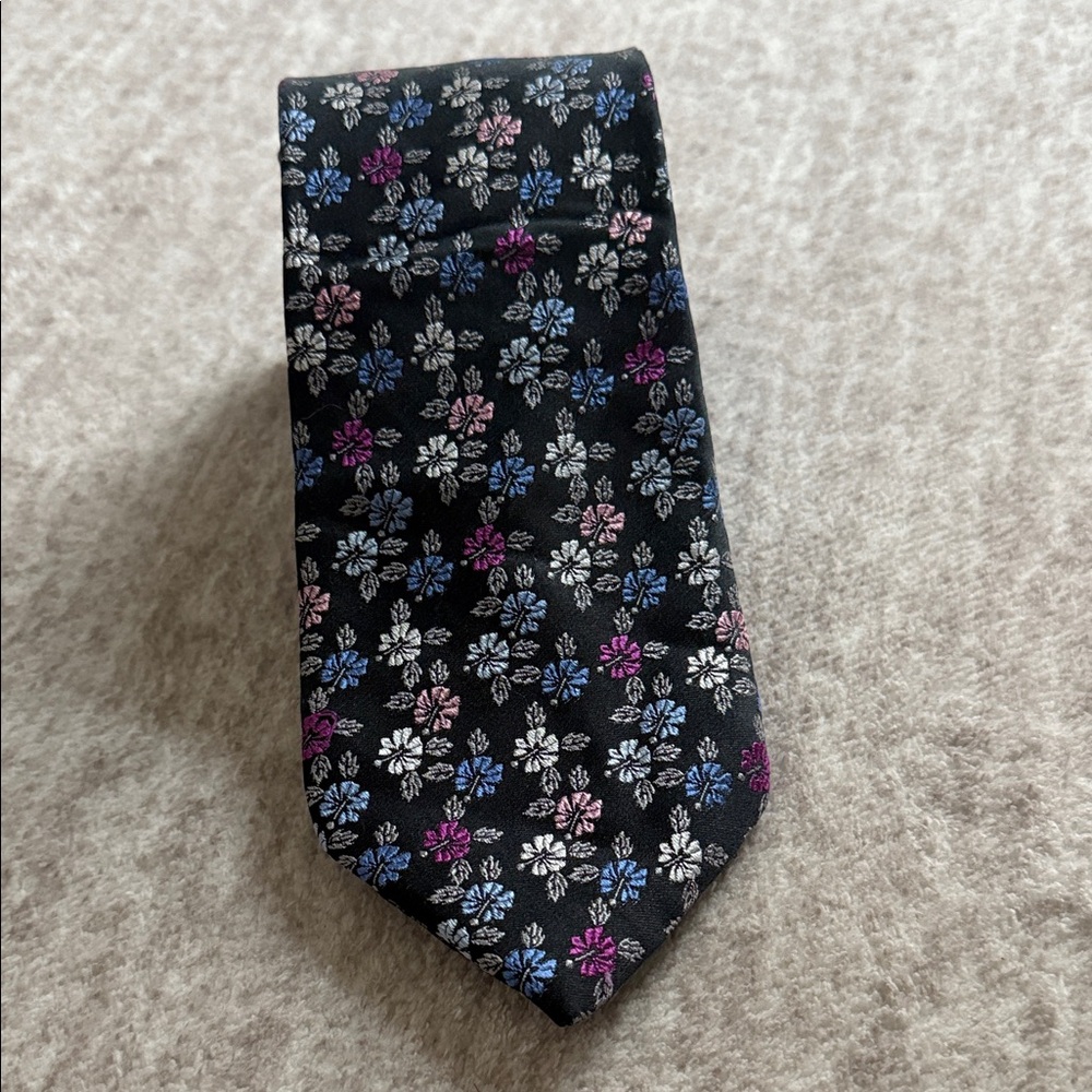 Haines & Bonner Men's Floral Pattern Tie - Black with Blue and Purple Accents